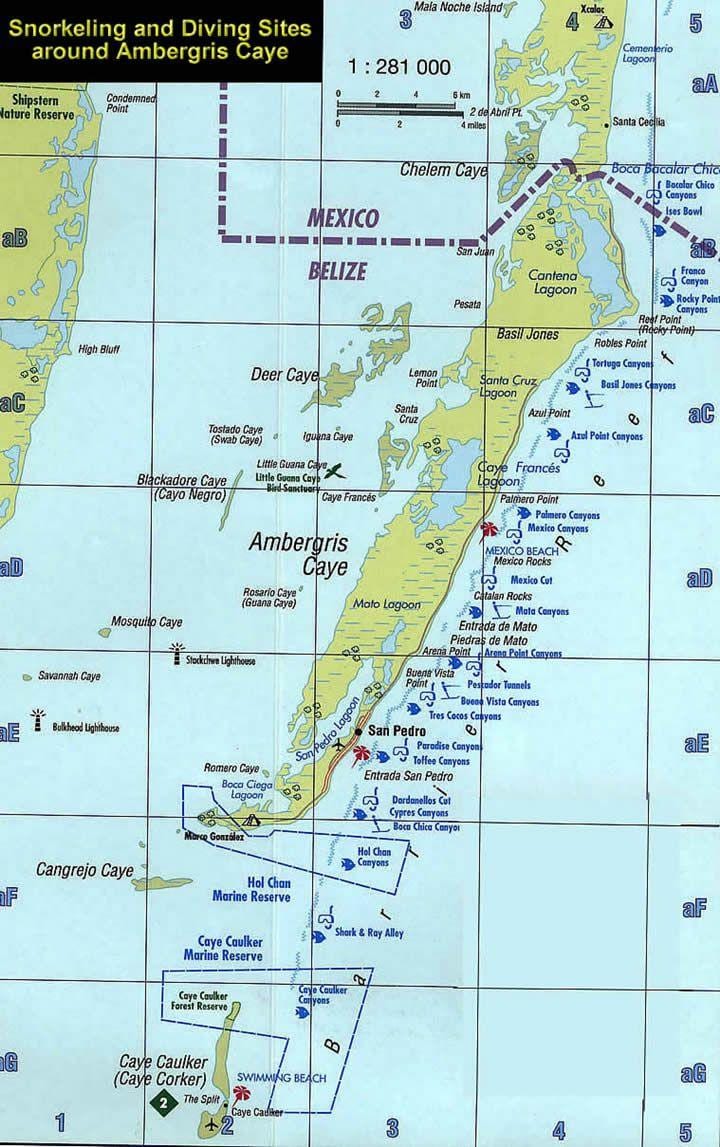 Kort over Belize snorkling