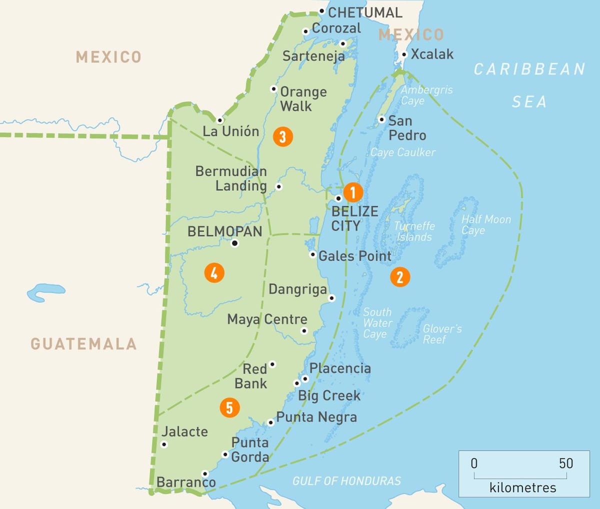 Kort over Belize og de omkringliggende lande