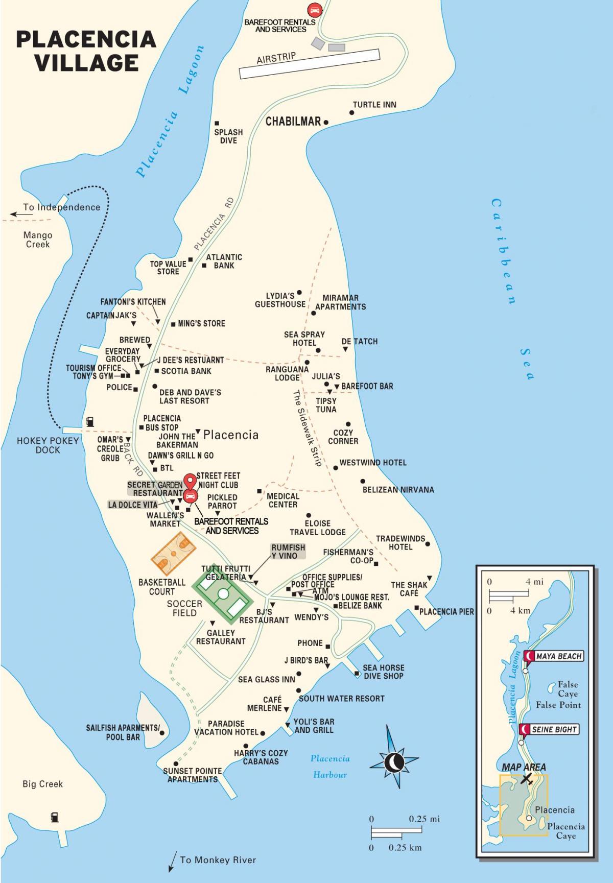kort over placencia landsby Belize