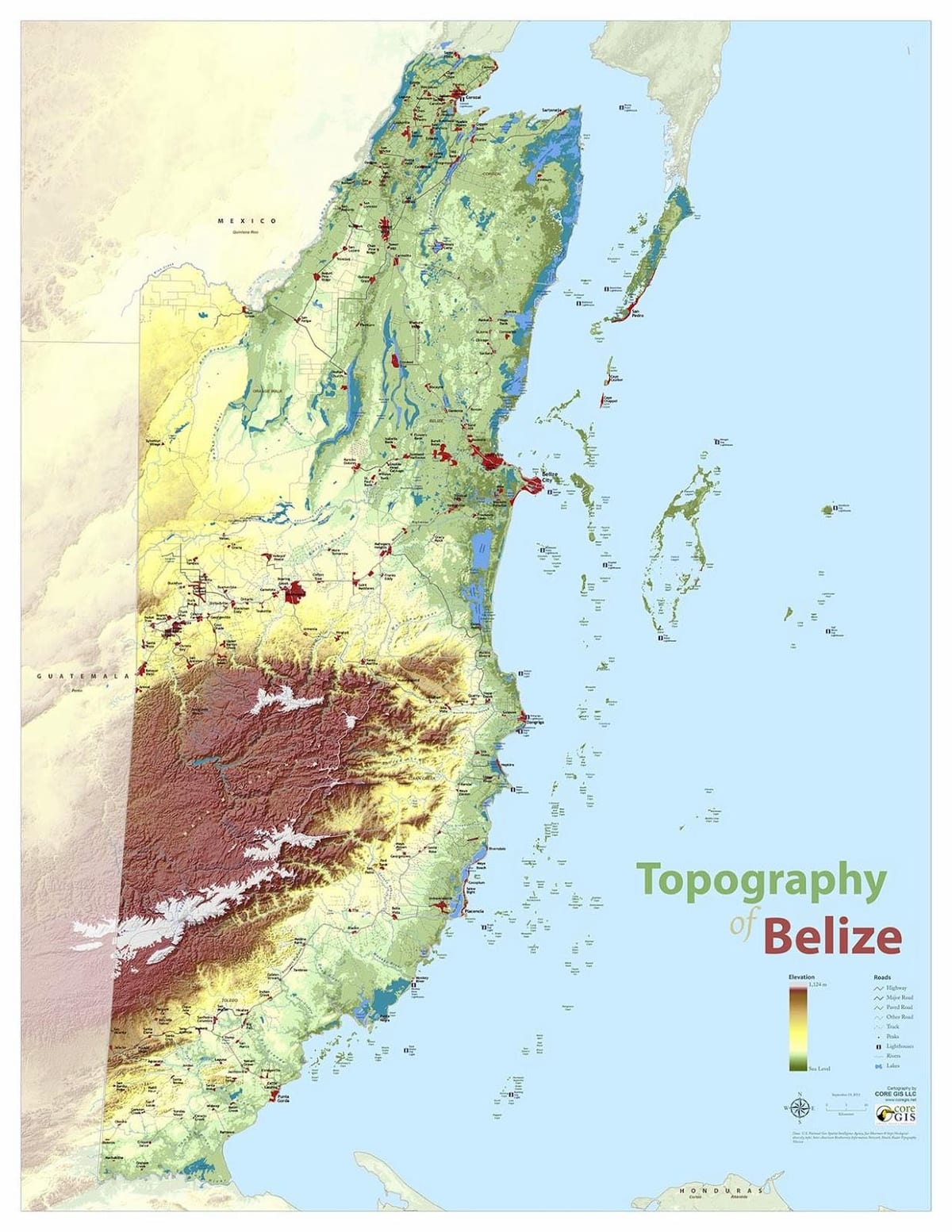 Kort over topografisk Belize